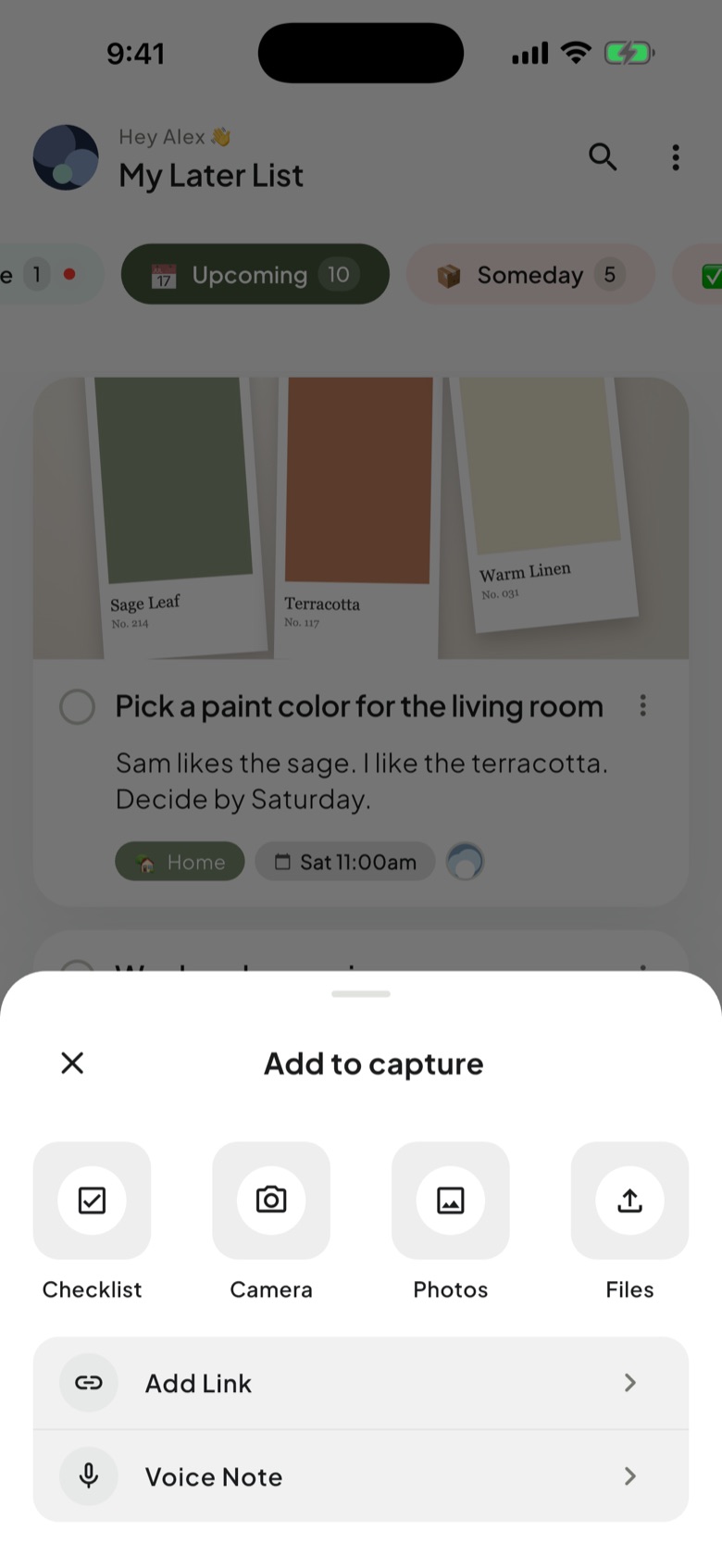 My Later List on iPhone: the Add to capture menu, with checklist, camera, photos, files, link and voice note
