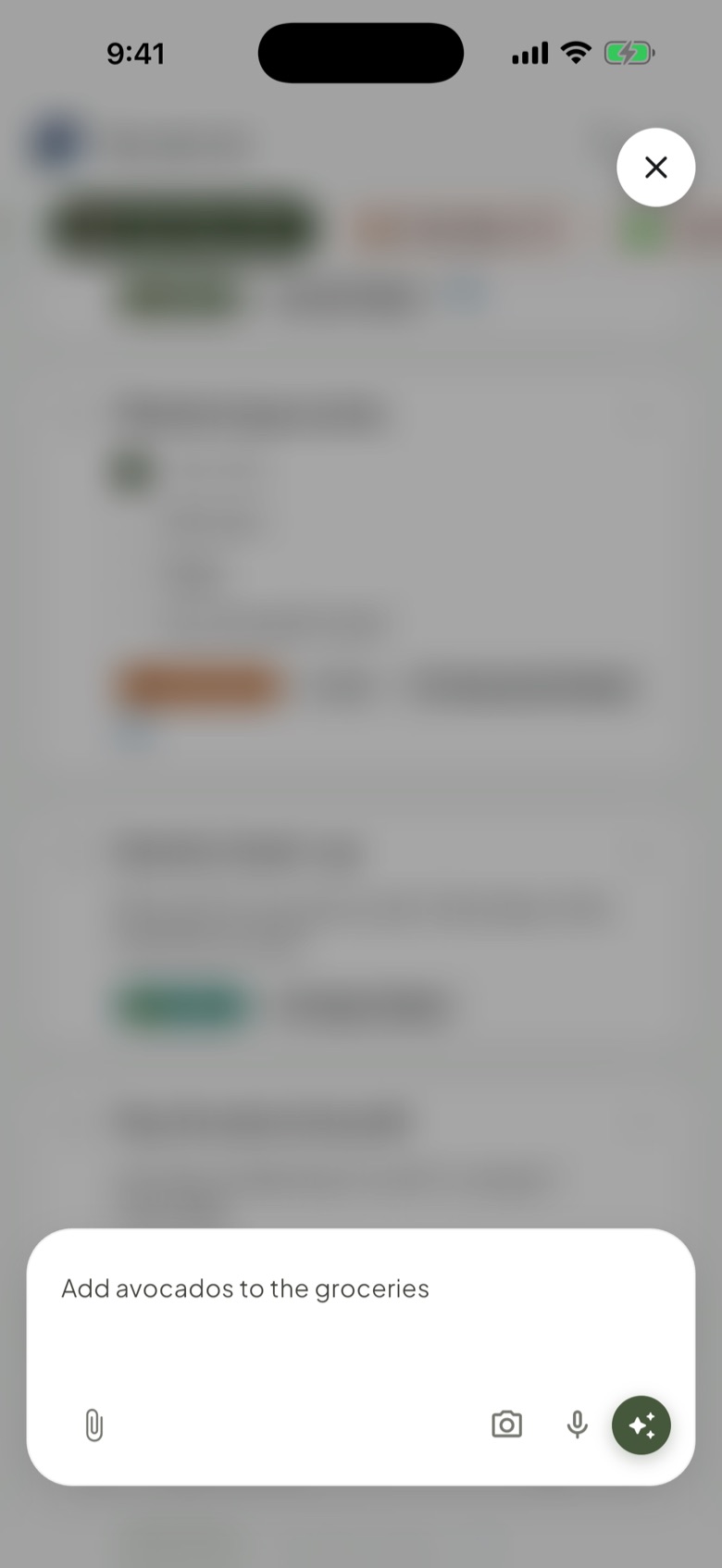 My Later List on iPhone: asking the assistant to add avocados to the groceries