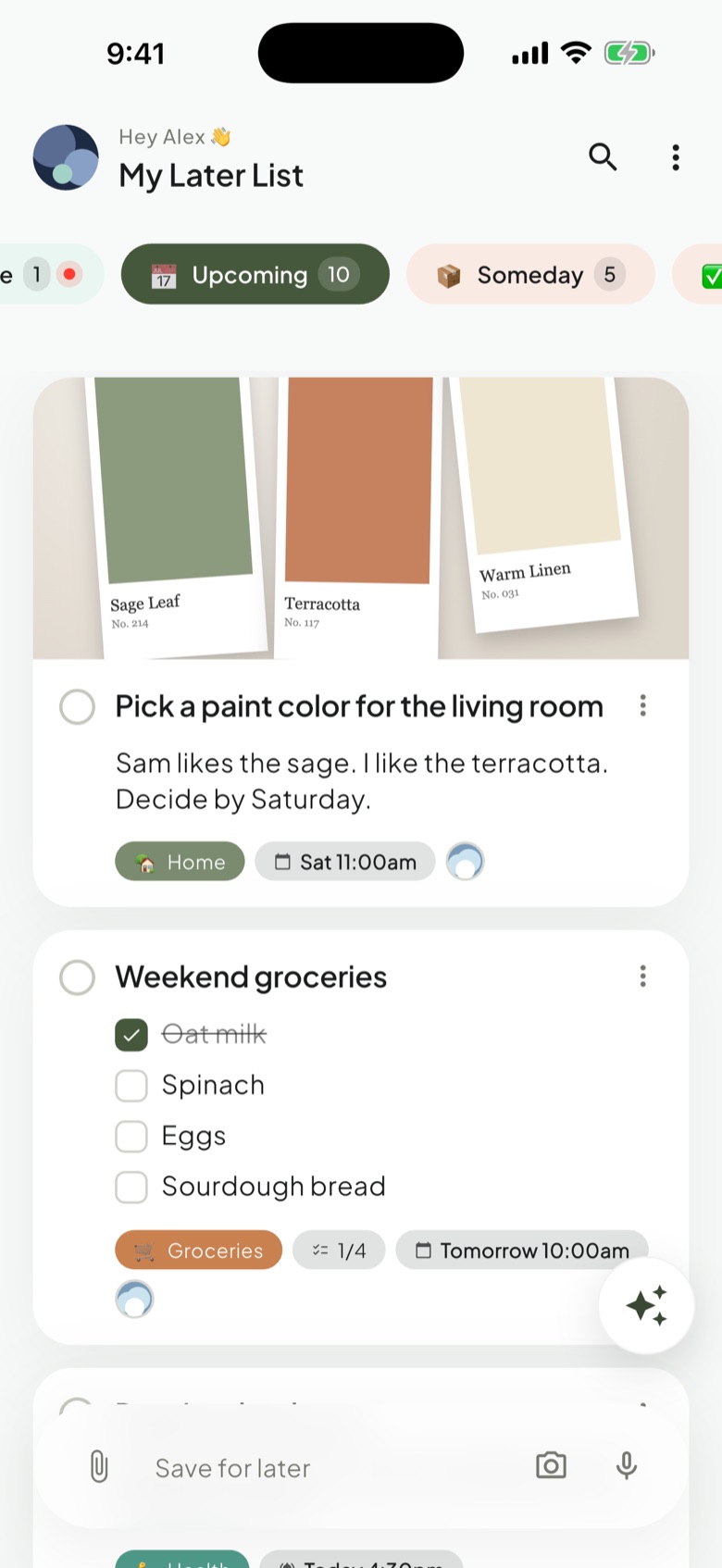 My Later List on iPhone: a feed with a paint-colour item and a grocery checklist
