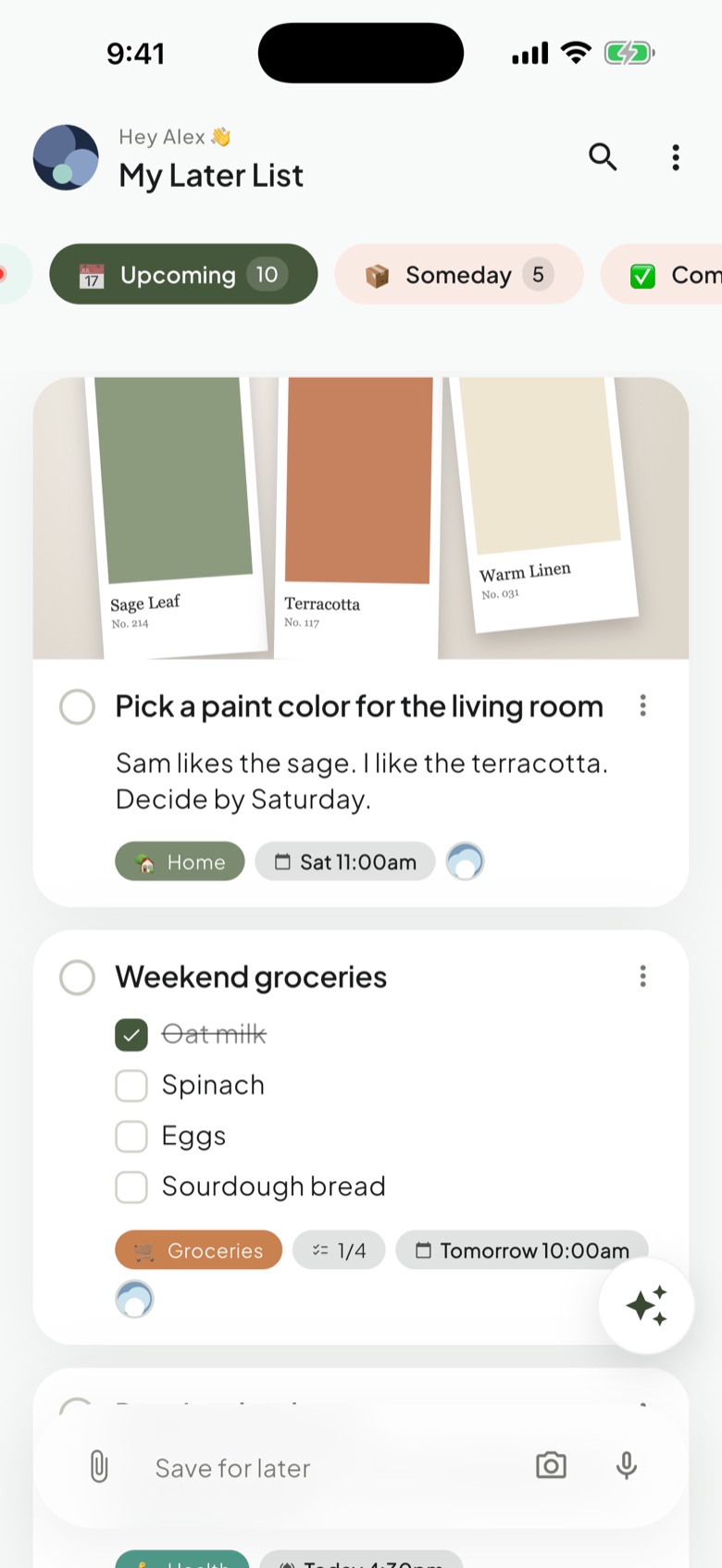 My Later List on iPhone: the Upcoming filter, with a paint-colour decision and a grocery checklist
